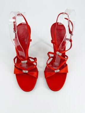 Gucci Red Satin Crystal Embellished Slingback Strappy Stiletto Sandals 8.5 38.5